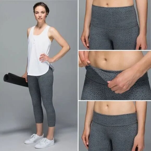 Lululemon Wunder Under Cropped Leggings 6 Luon Roll Down Dottie Dash Slate Gray - Picture 2 of 10